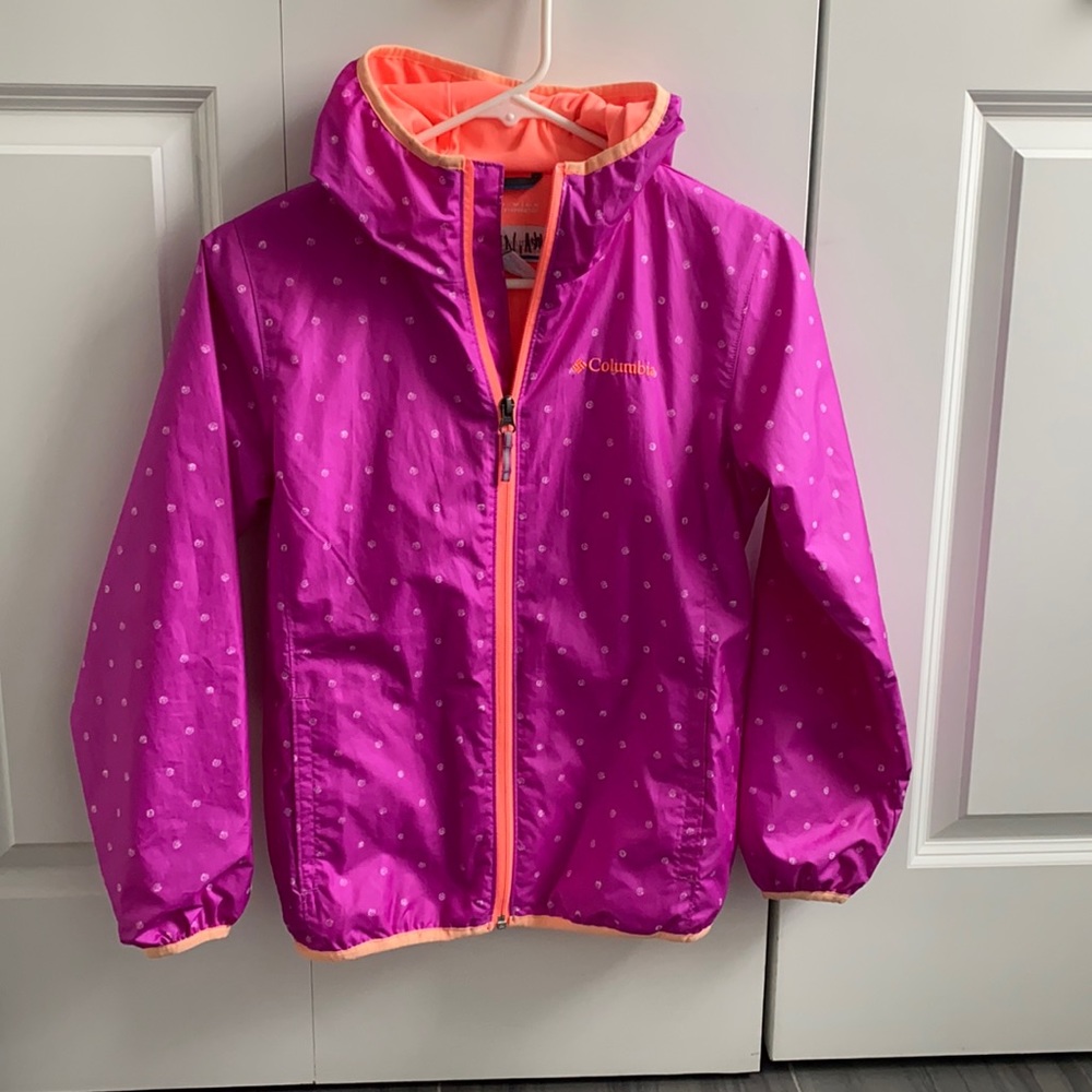 Columbia lined and hooded pink  girls rain jacket size 10/12 M